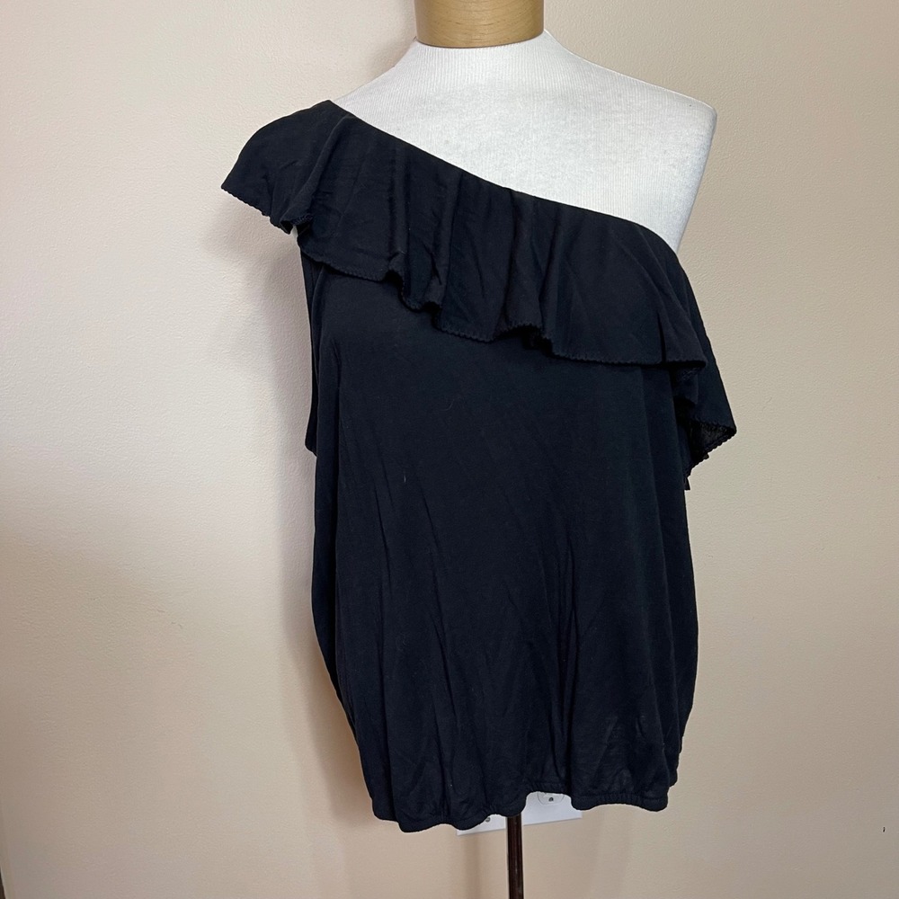 American Eagle Outfitters Womens XXL Black One Shoulder Ruffle‎ Elastic Hem Top